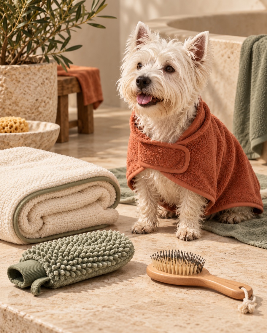 Concept product direction: pet drying robe, absorbent towel, grooming mitt and brush