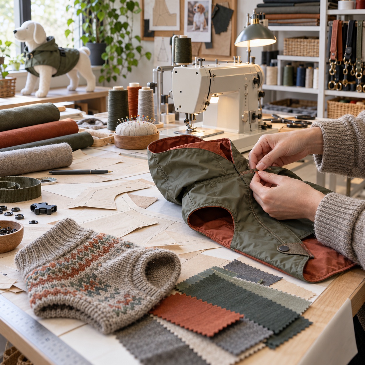 Illustrative pet-apparel development workbench with sample jacket, pattern pieces, swatches and sewing machine