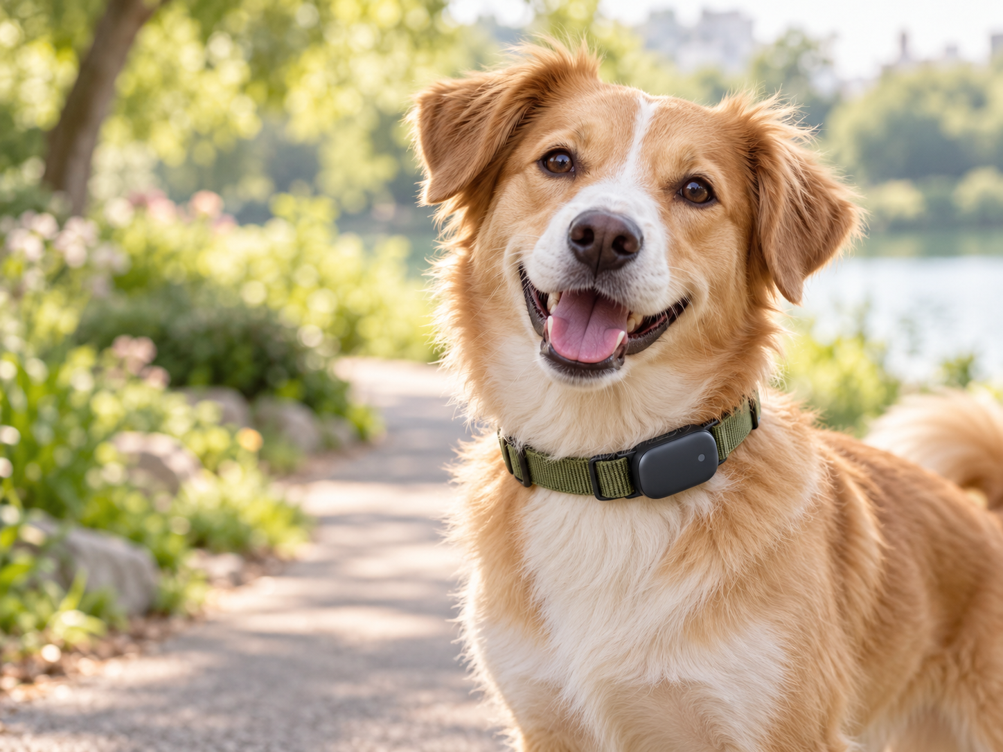 Happy dog wearing a compact GPS pet locator attached to an adjustable collar outdoors