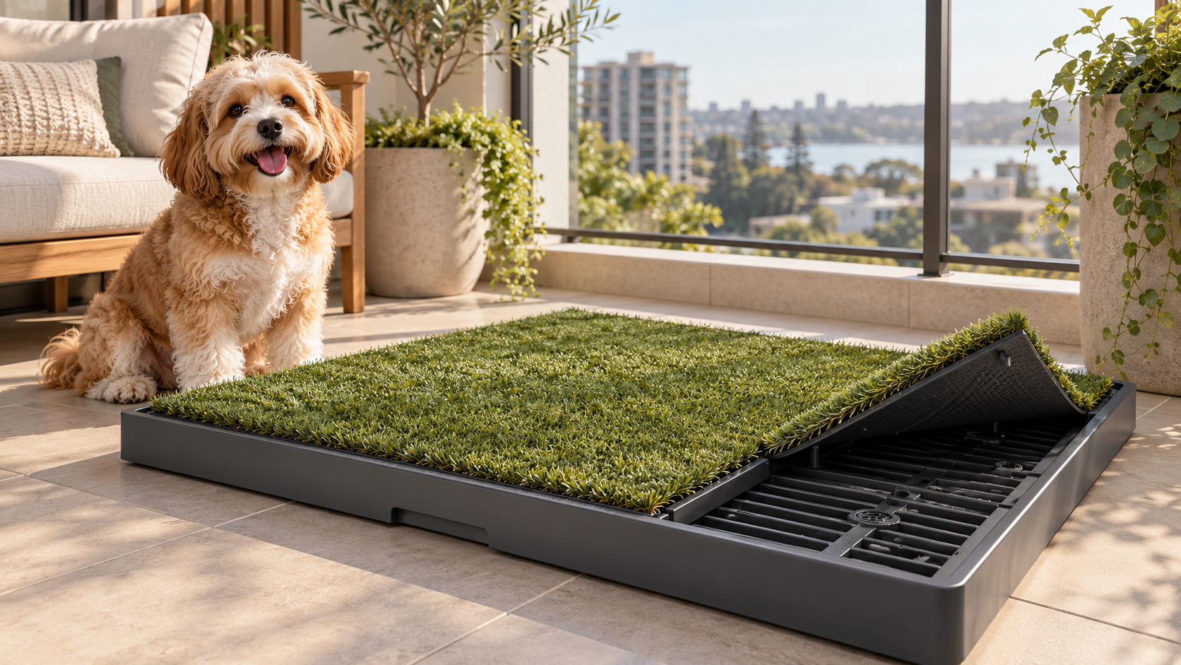 Dog potty turf system with a removable grass insert over a drainage tray for balcony and pet-facility use