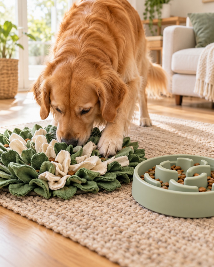 Concept product direction: snuffle mat and puzzle feeding accessories in home use