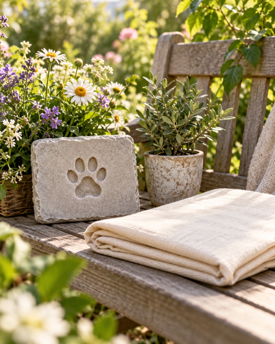 Concept direction for a pet garden memorial plaque and outdoor remembrance setting