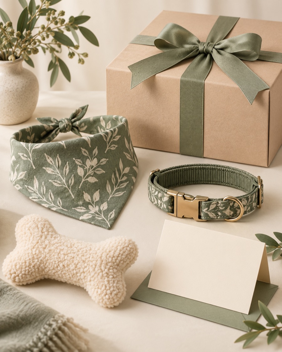 Concept product direction: coordinated pet gift set with collar, bandana and gift box