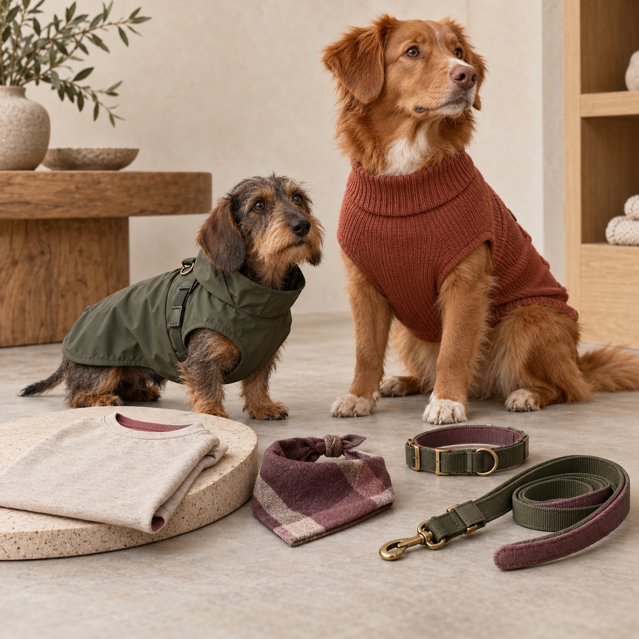 Illustrative pet apparel and walk-accessory collection with rain shell, knit layer, jersey tee, collar, leash and bandana
