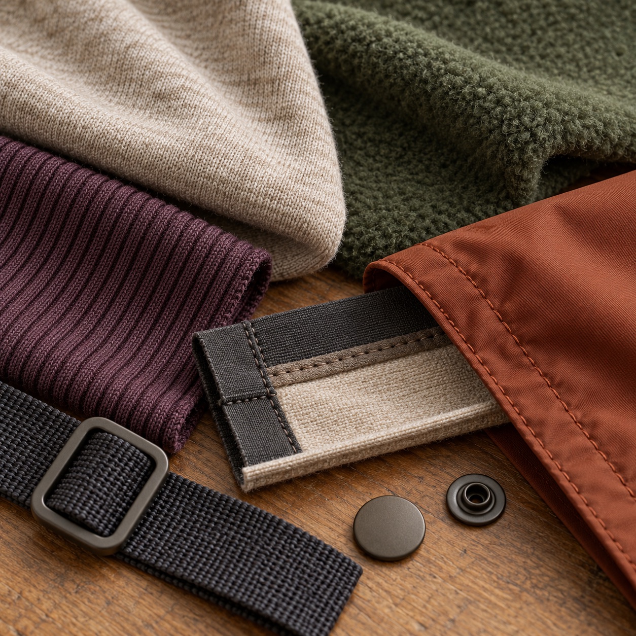 Close-up illustrative material board showing jersey, fleece, rib knit, woven shell, webbing, stitching and hardware