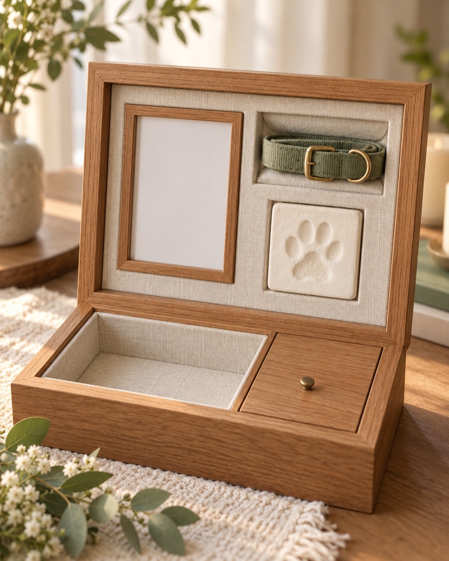 Concept direction for a pet memorial shadow box with photo, collar and paw impression