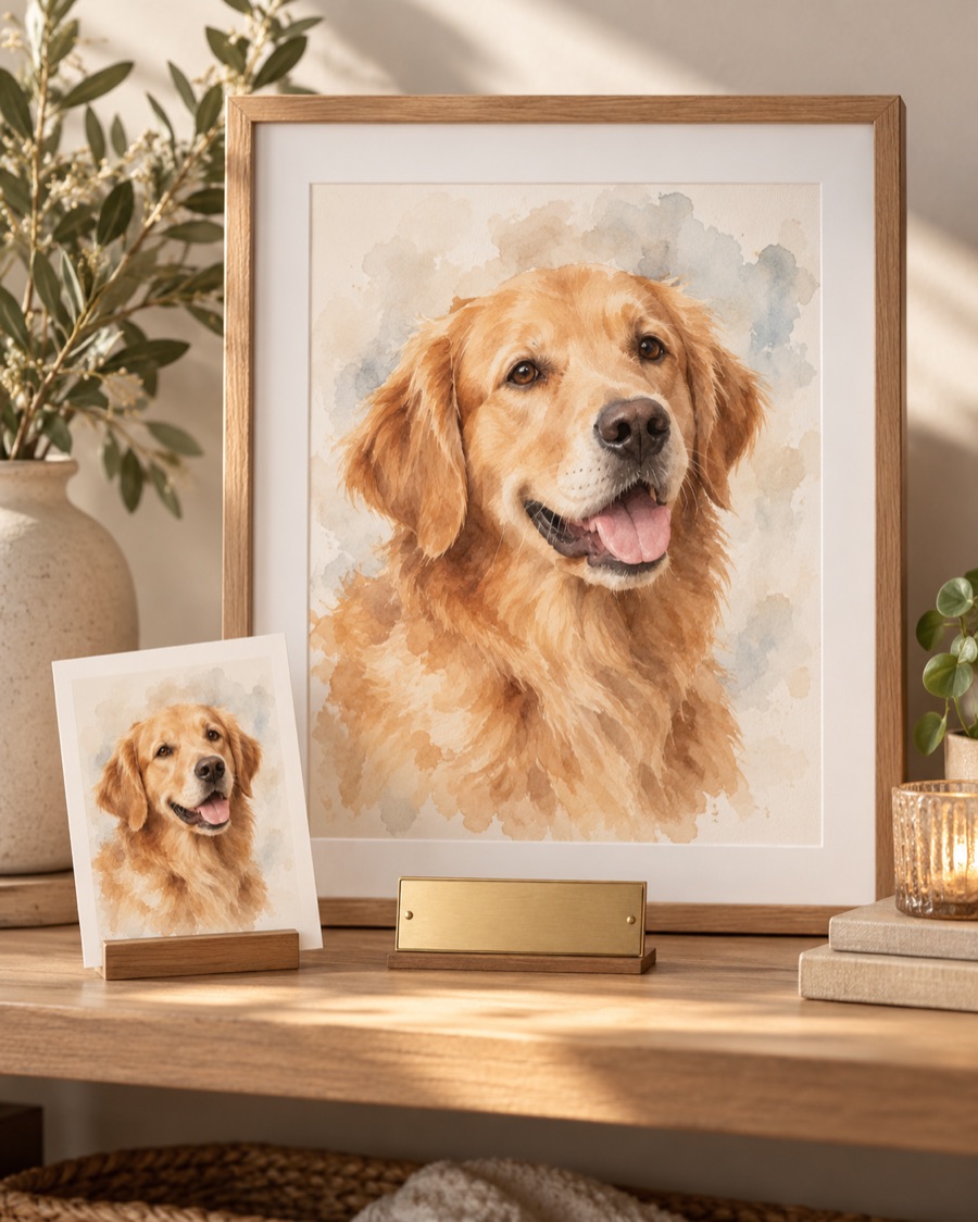 Concept direction for a custom pet portrait in an oak frame with a keepsake photo card