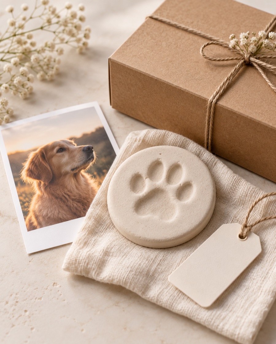 Concept direction for a paw-print memorial kit with clay impression, photo and gift box
