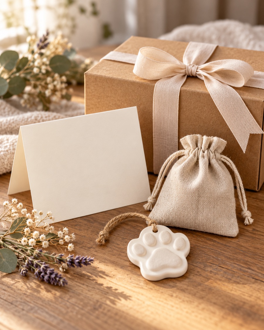 Concept direction for a pet-loss sympathy gift with blank card, keepsake pouch and paw ornament